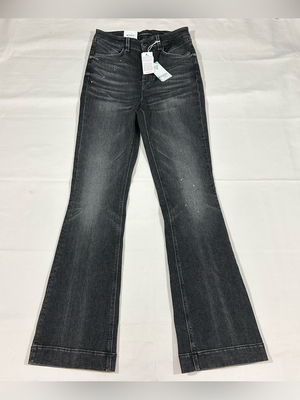 NWT GUESS Pop 70s Painted Splatters Flare Jeans Womens Sz 30x33 High Rise Black